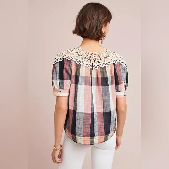 Anthropologie Pink and Black Puff Sleeve Blouse with Bib Collar - Picture 3 of 13